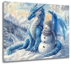 Winter Forest Blue Christmas Snowman Canvas Wall Art for Bathroom Living Room-