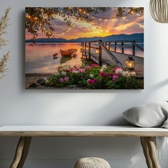 Sunset Lake Canvas Wall Art with Pier Boat Lanterns Flowers & String Lights