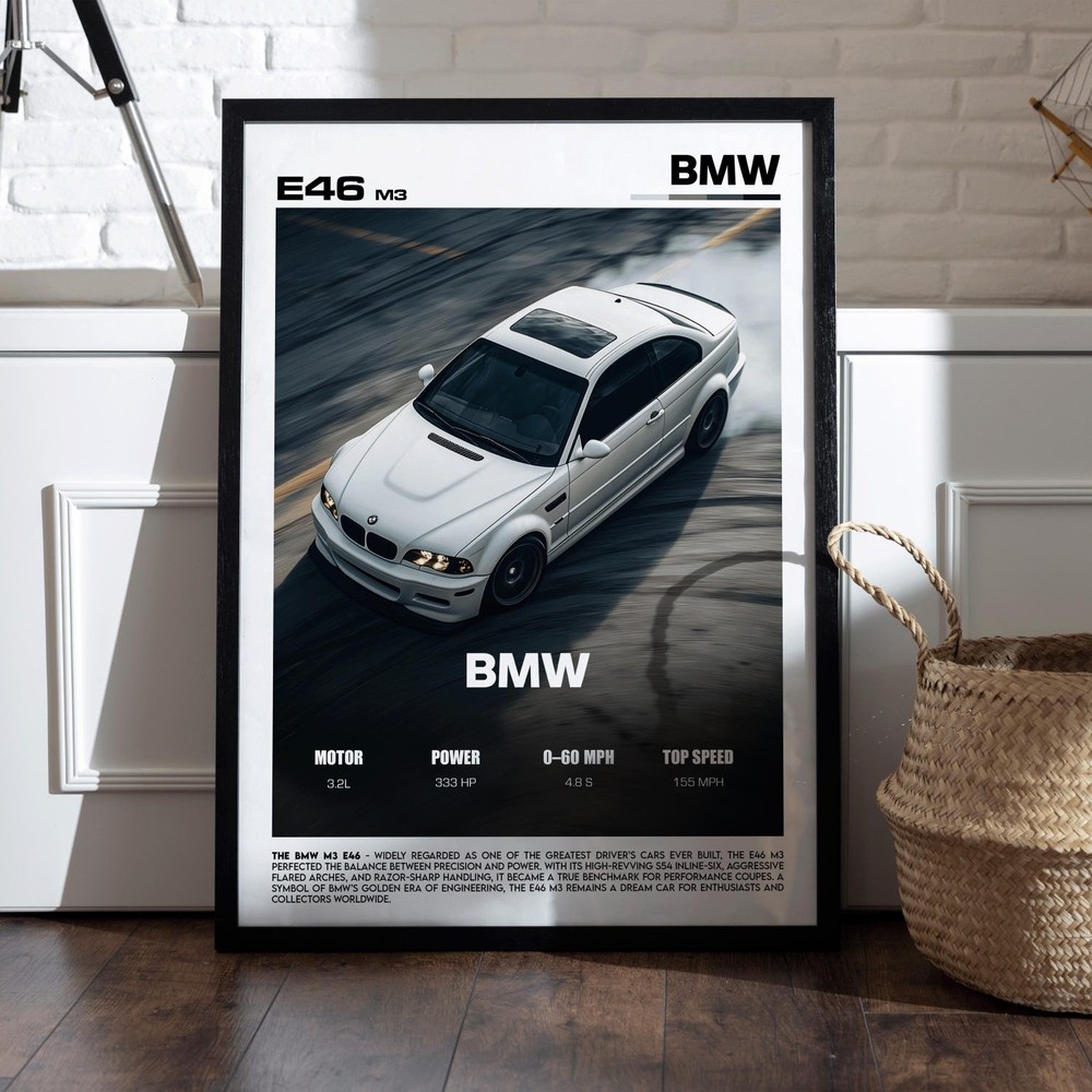 BMW E46 M3 Poster German Sports Car Wall Art Classic M3 Coupe Print Decor