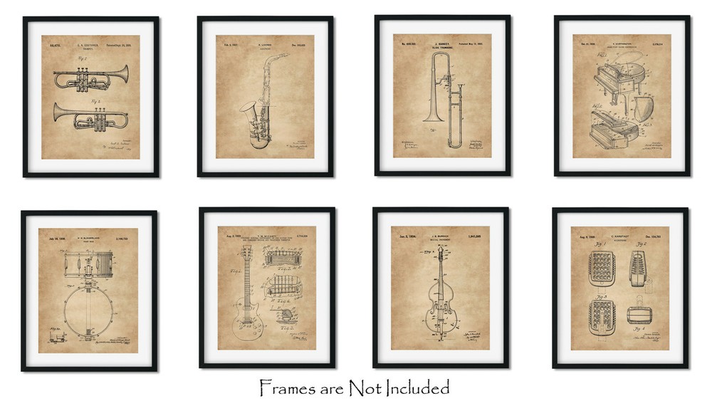 Set of 8 Jazz Instruments Patent Wall Art Prints (8×10) Gifts for Musicians
