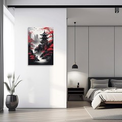 Japanese Canvas Wall Art Red and Black Cherry Trees Pagoda Painting Japanese …