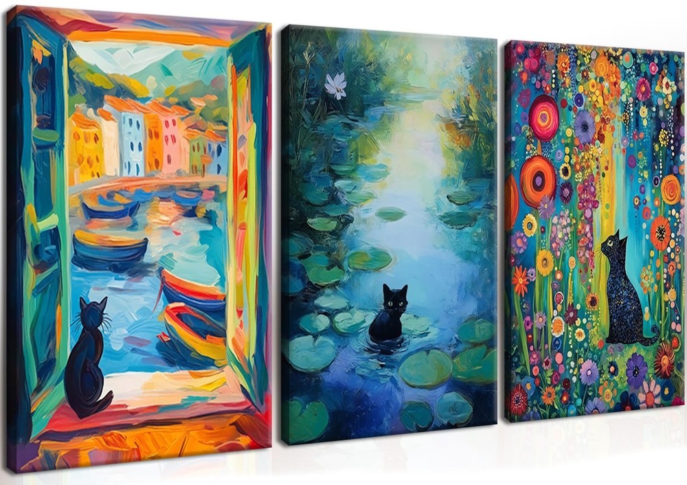 MUWAK Framed Funny Monet Black Cat Canvas Wall Art – Whimsical Matisse Cat
