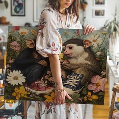 Cute baby monkeys with colorful sneakers and flowers canvas wall art decor print
