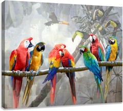 Colorful Macaw Parrots Canvas Wall Art, Tropical Birds Print, 15 X 12