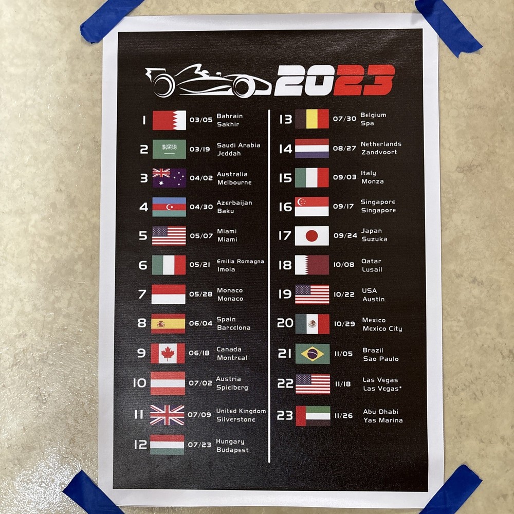 Formula 1 Calendar 2023 Race Car ✅ Poster Canvas Wall Art ✅ 12×18 inch ✅ New