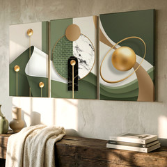3 Pieces Modern Abstract Geometric Gold Green Large Wall Art Canvas Set Of 3