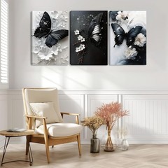 3 PCS 2D Butterfly Canvas Wall Art White Black 12x16in