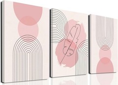 3 Piece Boho Wall Art Pink Canvas Art Prints Mid-Century Modern Paintings Abs…