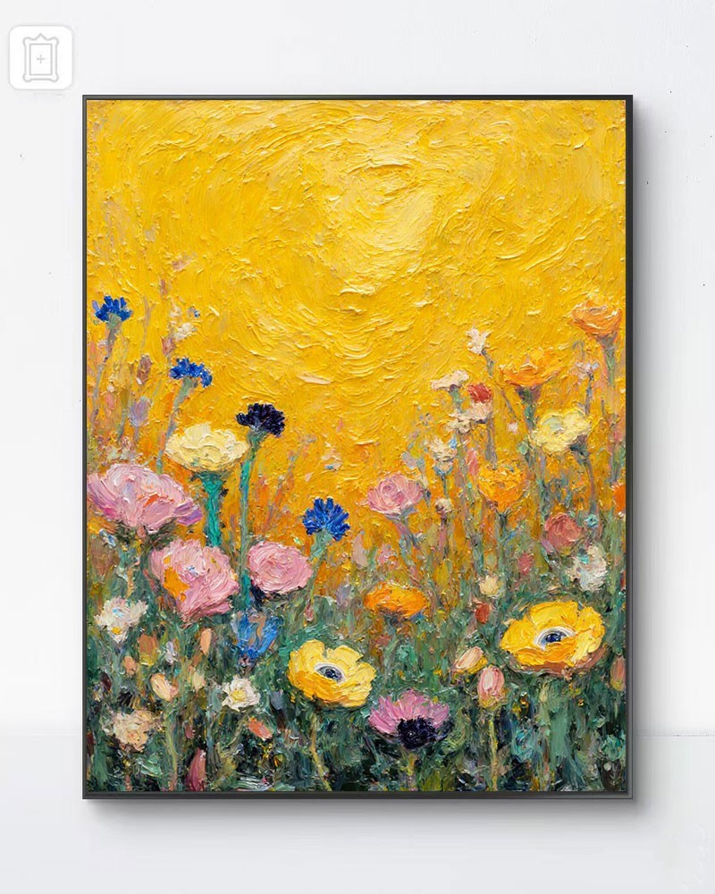 Abstract Floral Oil Painting Canvas Wall Art Yellow Textured Flowers 8»*12»
