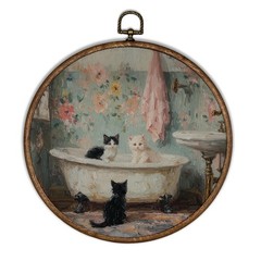 Vintage Cat Bathroom Wall Art Decor, Cat Floral Round Wall Hanging Decor, Cot…