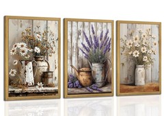Wood Framed Rustic Floral Wall Art Set of 3, 10″L x 8″W, Colorf