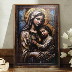 Virgin Mary and Child Framed Canvas Wall Art Catholic Madonna Christian Decor