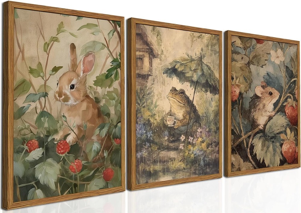 Framed Vintage Cottagecore Wall Art Set of 3, Cute Rabbit Frog Mouse Pictures Wa