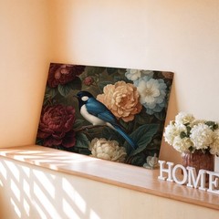 Blue and White Bird Perched on Branch with Red and White Flowers Canvas Wall Art