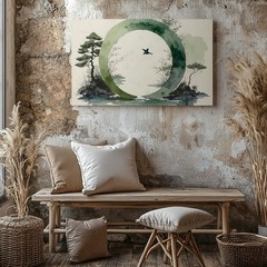 Green Enso & Bird Canvas Zen Watercolor Nature Harmony Art Wall Art