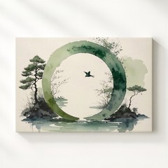 Green Enso & Bird Canvas Zen Watercolor Nature Harmony Art Wall Art