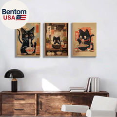 3Pcs Japanese Black Cat Canvas Wall Art Vintage Cat Eating Ramen Posters Prints