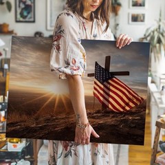 Sunrise with American Flag and Cross on Hilltop Patriotic Canvas Wall Art Print