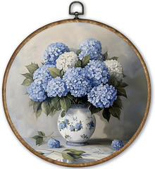 TLESKE Vintage Hydrangea Flowers round Wall Art Decor Framed 10X10, Blue and Whi