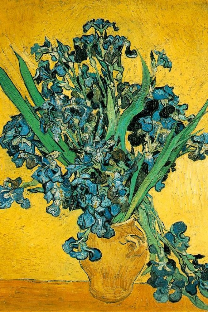 Vincent Van Gogh Vase With Irises Poster 1880s Flowers Against A Yellow Backgrou