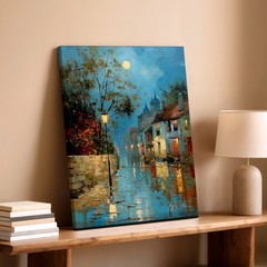 Wall Art Rainy Night Street Scene Village Houses Moonlight Painting Print Decor
