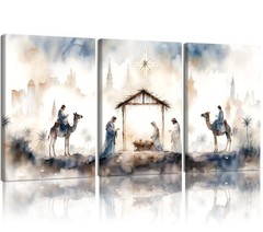 3 Piece Catholic Jesus Nativity Scene Canvas Wall Art Framed Watercolor Jesus…