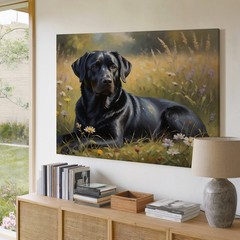 Black Labrador Canvas Wall Art Floral Meadow Nature Dog Animal Print Decor