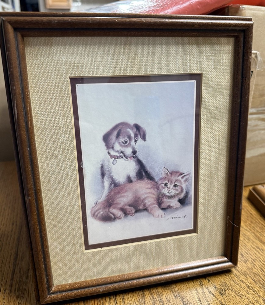 Vintage Framed Puppy & Kitten Print – Cute Animal Wall Art