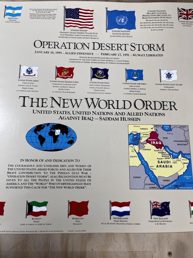 1991 Map Poster Operation Desert Storm Graphic Military Defense War Flags Order