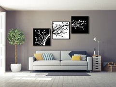 Black Framed Leaves Modern 3 Panels Artwork Black and White Abstract Floral Tree