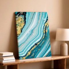 Wall Art Abstract Blue Teal Marble Agate Geode Pattern with Gold Foil Decor