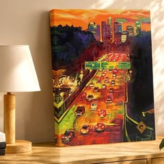 Wall Art City Traffic Sunset Painting Urban Highway Skyline Canvas Print Decor