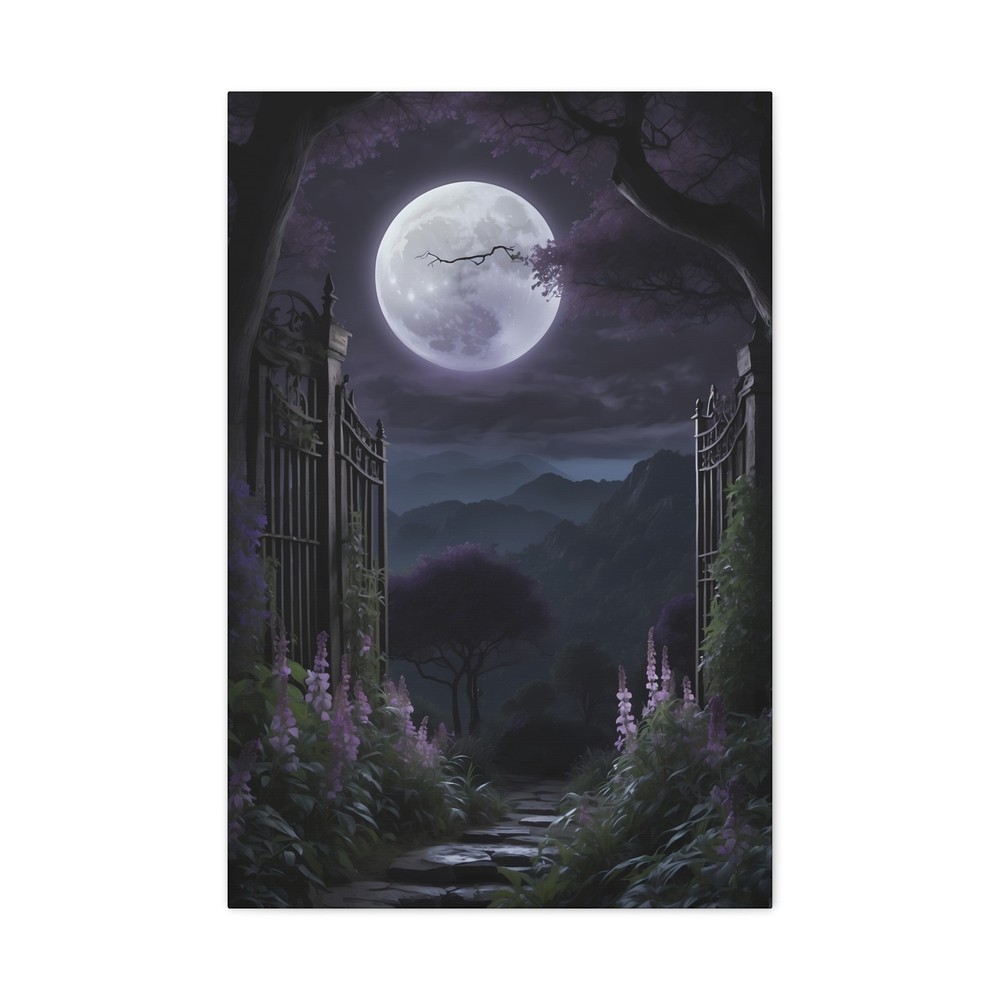 Gothic Moonlit Garden Gate Canvas Wall Art Dark Fantasy Night Decor