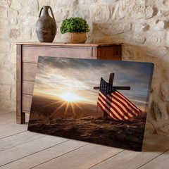 Sunrise with American Flag and Cross on Hilltop Patriotic Canvas Wall Art Print