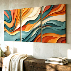 3 Pieces Abstract Waves Earth Tones Modern Large Wall Art for Living Set Of 3