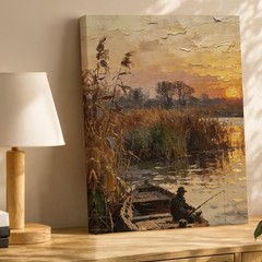 Rustic Fishing Boat Sunset Canvas Wall Art River Landscape Scene Print Art Print