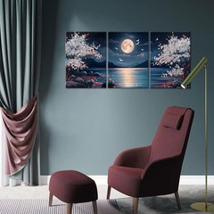 3 piezas de lienzo con diseño de flor de cerezo, luna y lago, arte pared 12 x 16