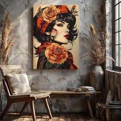 Bohemian Floral Portrait Canvaswoman In Profile With Rose And Patterned Scarf