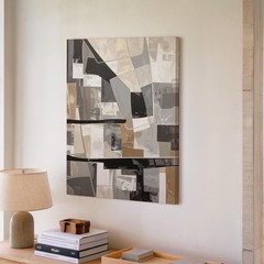 Muted Geometric Canvasabstract Patchwork In Gray, Beige, And Taupe Wall Art