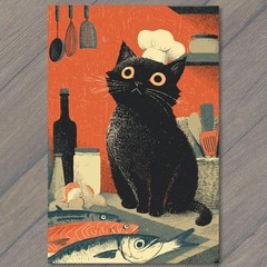 Art Print Black Cat Chef Hat Kitchen Fish Counter Whimsical Retro Cooking
