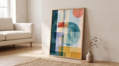 Mid Century Modern Geometric Shapes Wall Art Teal Blue Yellow Poster Print