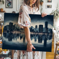 Modern city skyline at night with water reflection canvas wall art print decor