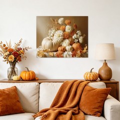 Rustic Fall Leaf Pumpkin Orange Floral Canvas Wall Art for Bathroom Living Room