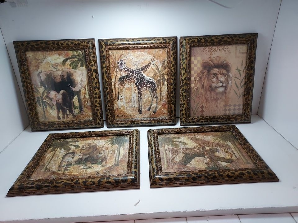 Set Of 5 Vintage African Wildlife Framed Art Prints With Leopard Pattern Frames