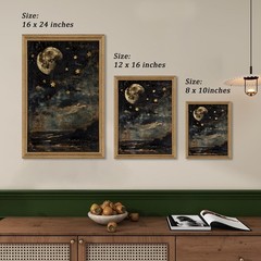 Moon and Stars Celestial Canvas Wall Art, Mystical Moody Night Sky Poster Pri…