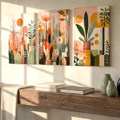 3 Pieces Abstract Botanical Earth Tones Geometric Shapes Large Wall Art Decor
