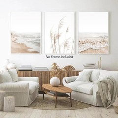 Beach Boho Prints Canvas UNFRAMED Wall Art Pampas Grass Ocean 16×24 in. Set of 3
