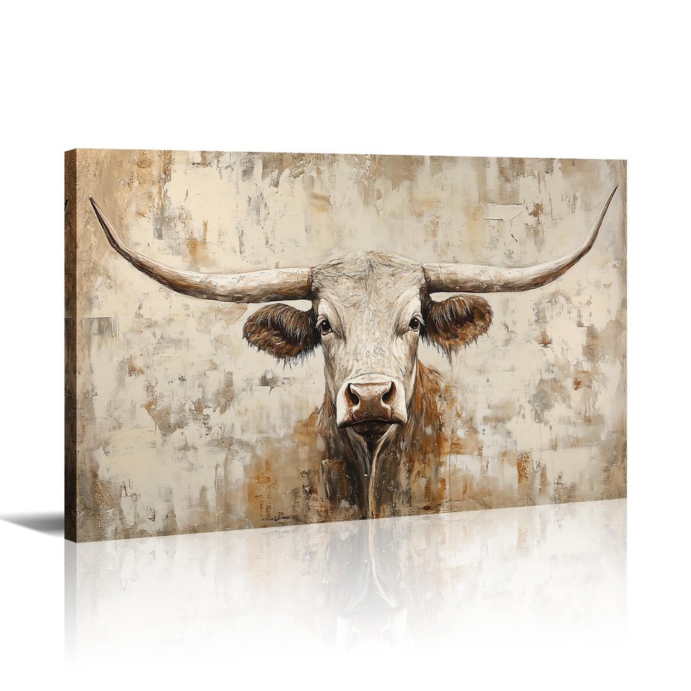 Cow Canvas Wall Art Farmhouse Animal Picture Longhorn Cow Painting Vintage Pr…