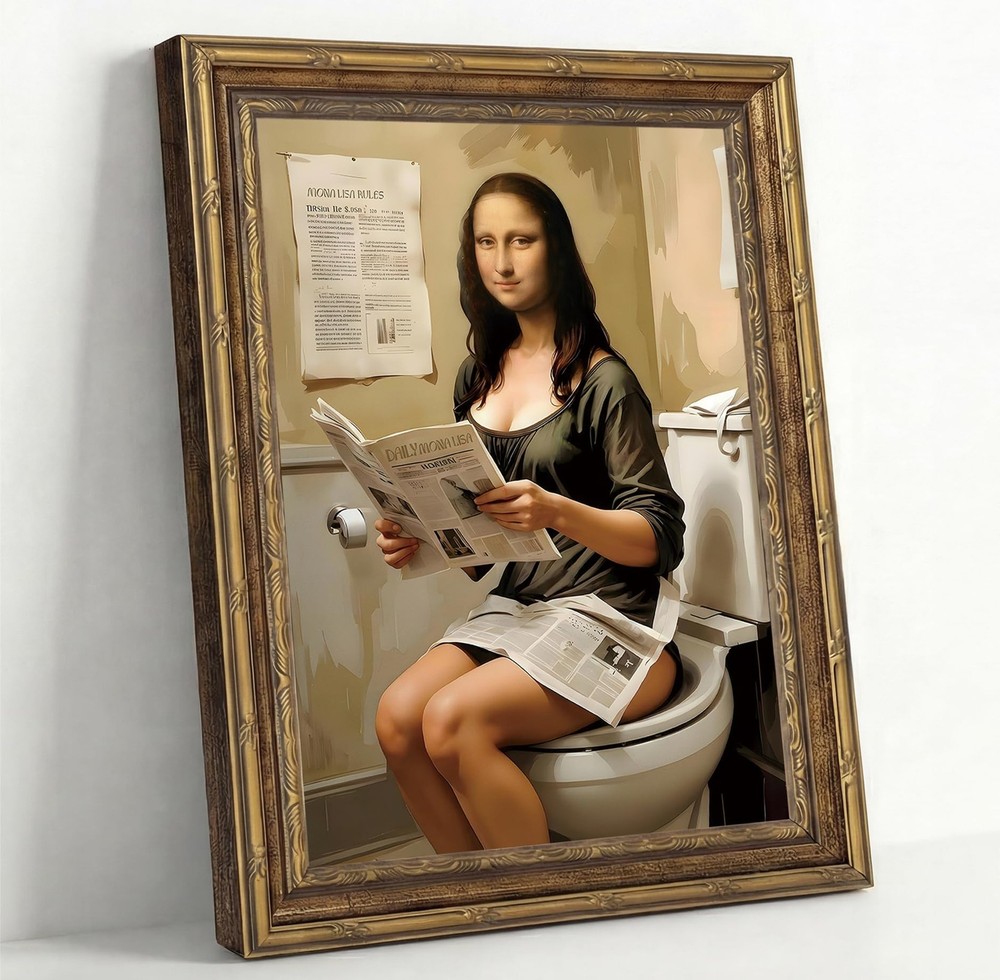 Vintage Gold Framed Mona Lisa Canvas Wall Art Funny Bathroom Mona Lisa Pictur…