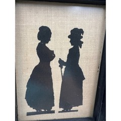 Vintage Victorian Silhouette Art Set of 2 Black Wood Frames Burlap Background